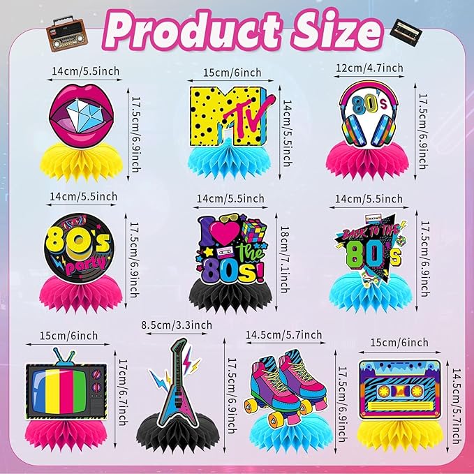 10 Pcs 80s Party Decorations, 1980s Table Honeycomb Centerpieces Back to the 80s Decor for Retro Party Photo Props Birthday Wedding Anniversary Favors Supplies