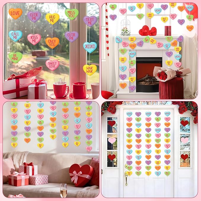 MARFOREVER 41Ft Valentines Day Candy Heart Garland, No DIY Conversation Heart Banner 5 Pcs Love Hanging Paper Banners for Valentine's Sweet Day Party Decorations Wedding Anniversary Birthday Supplies