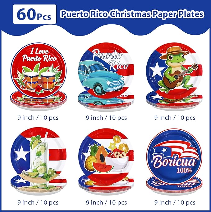 60Pcs Puerto Rico Paper Plates 9" Heavy Duty Disposable Puerto Rican Dessert Plate Coqui Frog Flag Party Decor for Xmas Three Kings Day New Year San Sebastián Street Festival Party Supplies