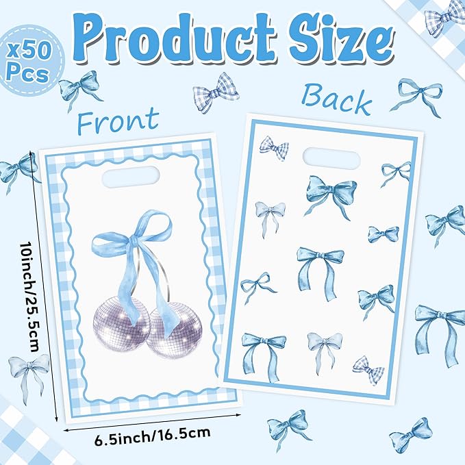 Blue Bow Party Favor Bags - 50Pcs Blue Bow Knot Themed Goody Candy Treat Gifts Bags Party Decorations for Kids Girls Women Birthday Wedding Bridal Shower Supplies