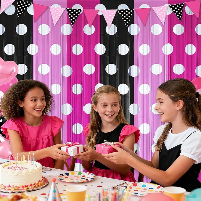 Pink Black Foil Fringe Curtains Birthday Decorations, 4 Pack 3.2x6.6ft Mouse Color Tinsel Streamers Backdrop Baby Shower Cartoon Mouse Birthday Party Decorations Supplies