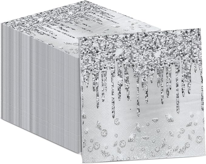 100PCS Silver Party Paper Napkins Happy Birthday Supplies Glitter Decorations Silver Diamond Theme Disposable Paper Lunch Napkins for Adults Kids Birthday Wedding Bridal Shower Favors