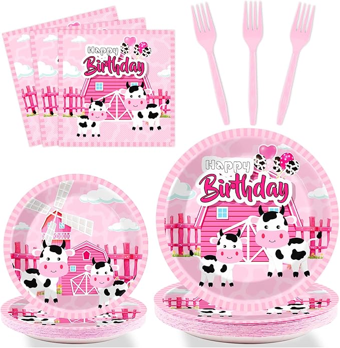 Wiooffen 96 Pcs Cow Birthday Party Supplies Cow Theme Birthday Tableware Set for Girls Pink Cow Print Themed Party Decorations Farm Animal Birthday Party Paper Plates Napkins Forks 24 Guests