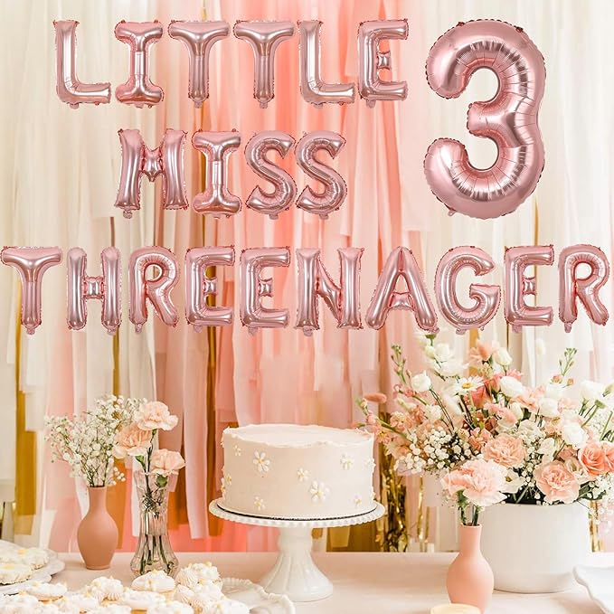 Rose Gold 3rd Birthday Decorations Little Miss Threenager Balloon Banner Third Birthday Decors Girl Rose Gold Number 3 Foil Balloon Crown Theme Supplies for Princess 3rd Three Years Old Girl