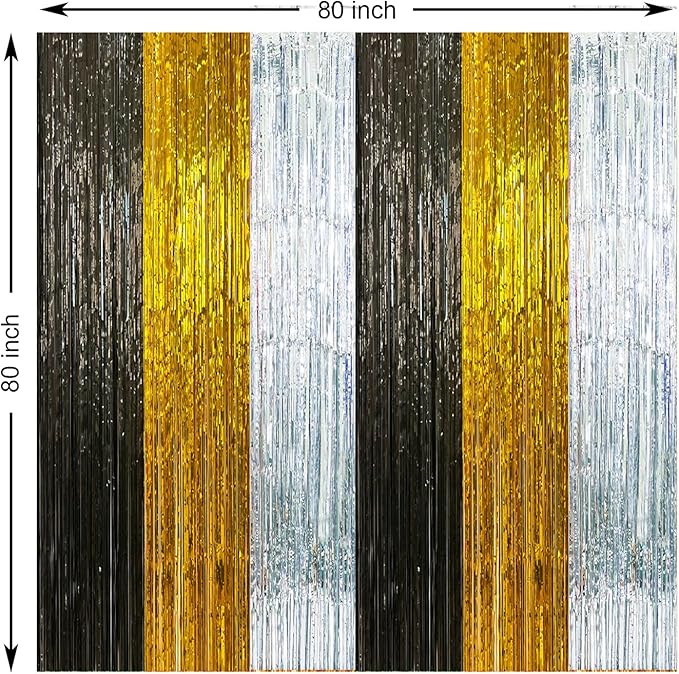 2 Pack Construction Foil Fringe Curtains, 3.3x6.6 Ft Black Gold and Silver Tinsel Backdrop Party Decorations Door Streamers for Birthday Wedding Engagement Decor,Photo Booth Props