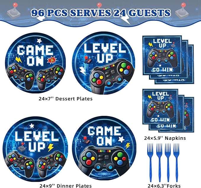 96 Pcs Video Game Plates and Napkins Tableware Set (Serve 24), Video Game Birthday Party Decorations, Party Supplies Include Plates Napkins Plastic Forks for Party (Blue)