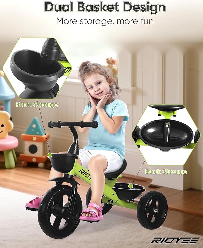 Toddler Tricycle for 1.5 to 5 Years, Tricycle for Ages 2-4 Years, Extra-Wide Rear Wheelbase for Stability, Trikes for Kids 1-3 with Dual Storage Baskets, Easy to Carry Seat, Green