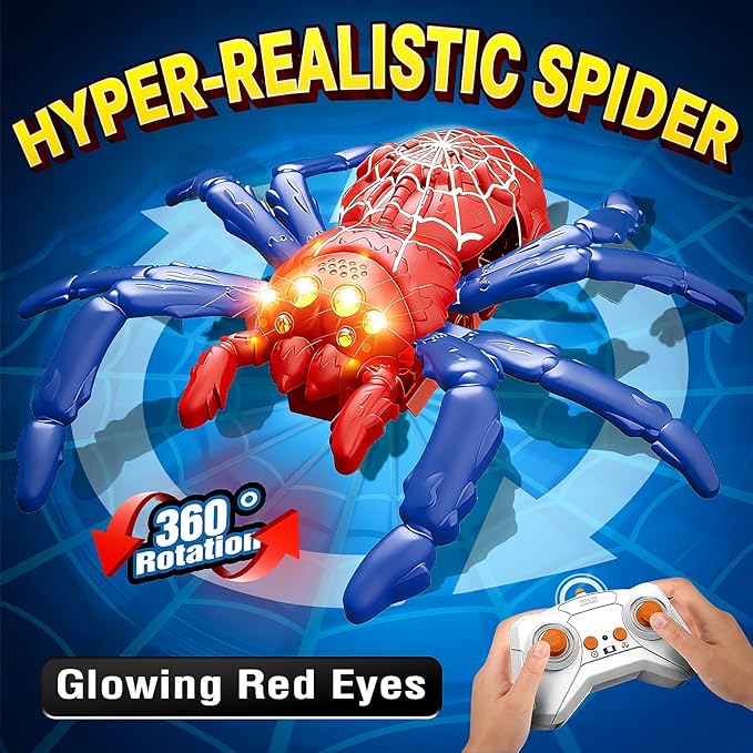 Wall Climbing Spider Remote Control Toy, Rechargeable RC Creepy Crawler with Glowing Eyes for Walls & Ceilings, Prank Halloween Birthday Gift for Kids Boys Girls Ages 3+ (Red)