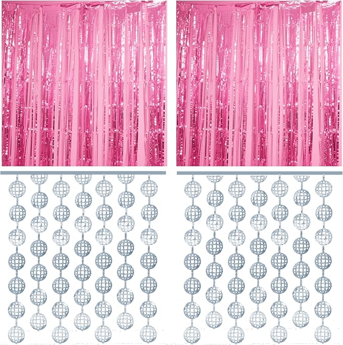 4 Pcs Disco Party Decorations - 2 x Disco Ball Silver Metallic Tinsel Fringe Curtains & 2 x Candy Pink Backdrops for Birthday Supplies Last Rodeo Bachelorette Wedding Disco Decor