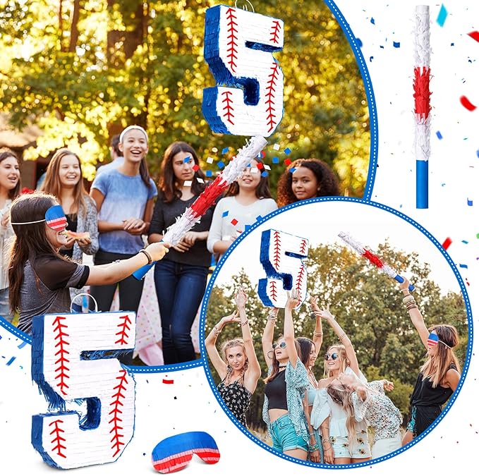 HyDren Baseball Piñata Baseball Party Decorations Number Piñata with Bat, Blindfold and Confetti, 16 Inch Sports Themed Birthday Party Supplies for Celebration Events(Number 5)