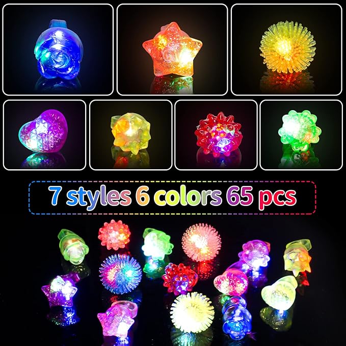 65 Pack Light Up Rings Glow in The Dark Party Supplies, Glow Rings Bulk Party Favors for Kids Adults, LED Colorful Rubber Ring Surprise Gift for Birthday Christmas Easter Egg Fillers Party Decorations