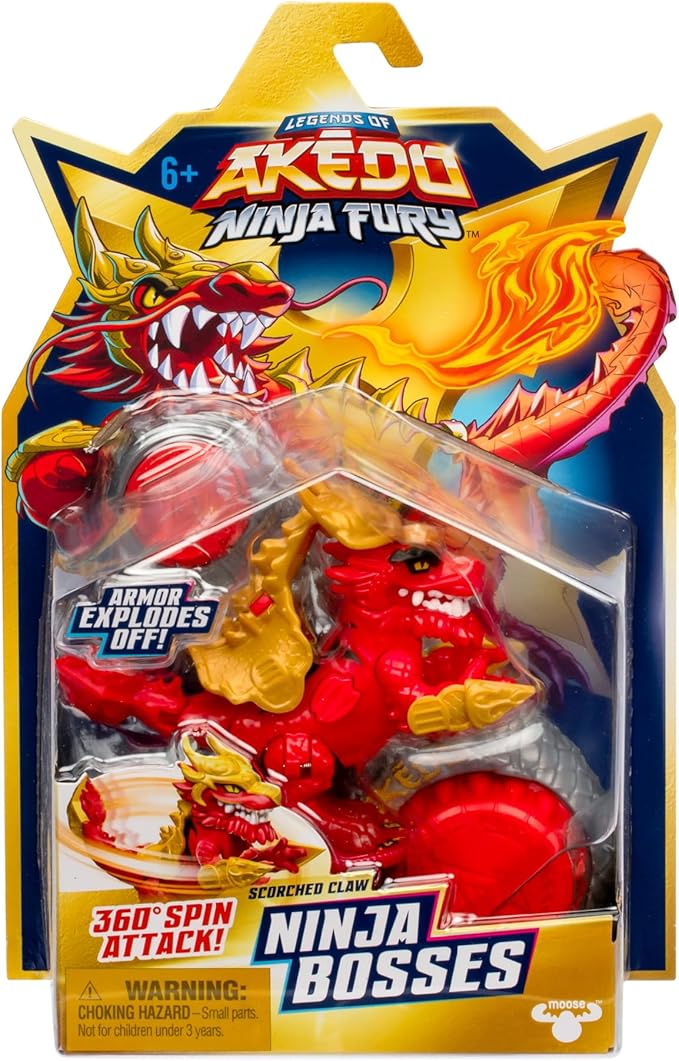 Legends of Akedo Ninja Bosses, Scorched Claw, 3" Tall Battling Action Figure with 360˚ Tail Whip and Claw Attack Spin Action, Double Defense Armor That Pops Off When Struck, 4 Ninja Bosses to Collect