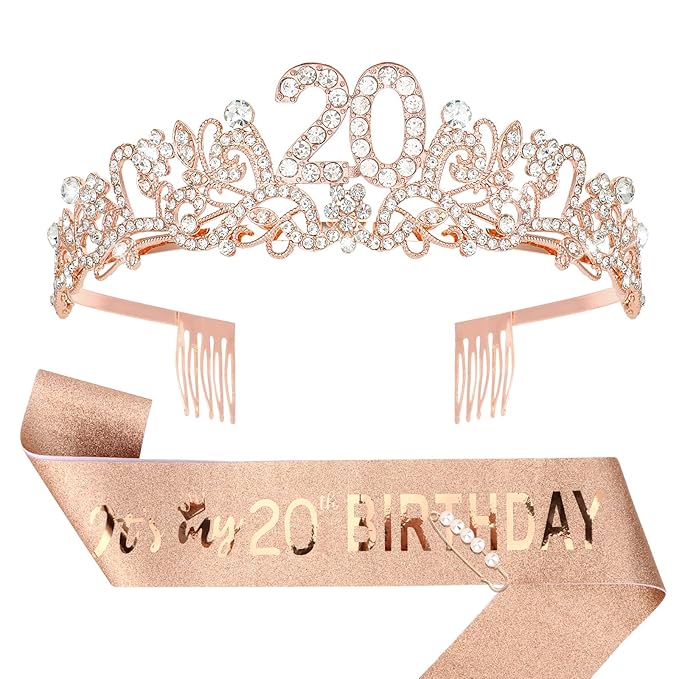Semato 20th Birthday Decorations for Her Sash and Crown Tiara Kit Rose Gold 20th Birthday Gifts for Girls Party Supplies