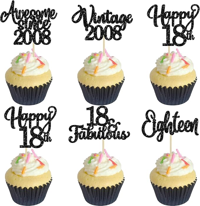 30Pcs Happy 18th Birthday Cupcake Toppers Glitter Eighteen Vintage 2008 Cupcake Picks Cheers to 18 Fabulous Cake Decorations for 18th Birthday Wedding Anniversary Party Supplies Black