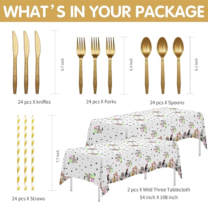 APOWBLS Young Wild And Three Decorations Girl Dinnerware, Safari 3rd Birthday Party Supplies, Plate, Cup, Napkin, Tablecloth, Cutlery, Straw, Animal Jungle 3 Year Old Birthday Decorations | Serves 24