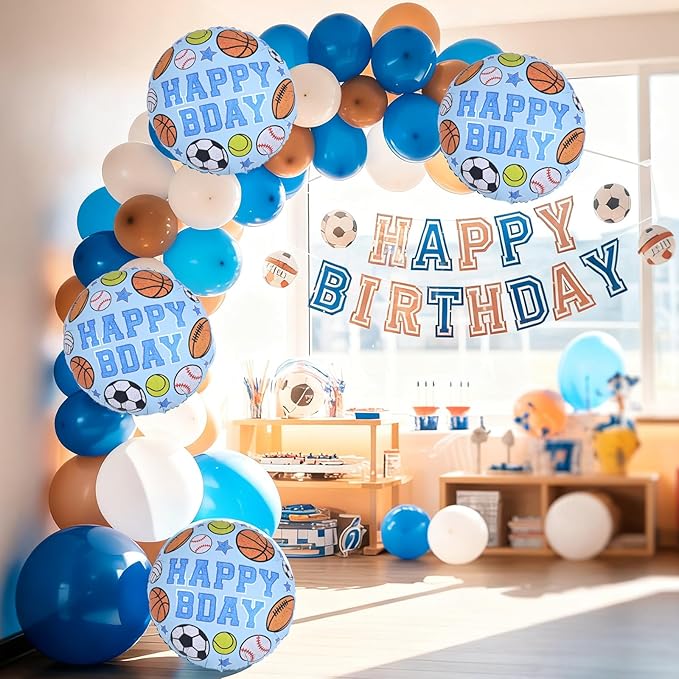 Sports Birthday Balloons Party Decorations, 18 Inch Inflatable HAPPY BDAY Mylar Foil Sports Balloon with Baseball Volleyball Basketball Soccer Game Print for Boy Baby Shower Birthday Party Decorations