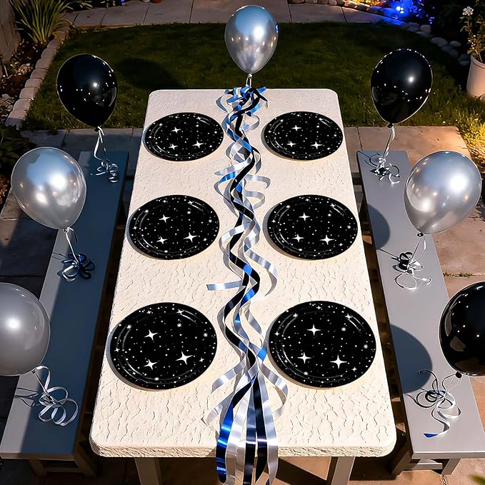 50Pcs Black Stars Paper Plates 9 Inch Space Galaxy Theme Party Disposable Plates Spaces Galaxy Birthday Decorations for Mens Boys Game Night Star Party Supplies Dinner Table Decor