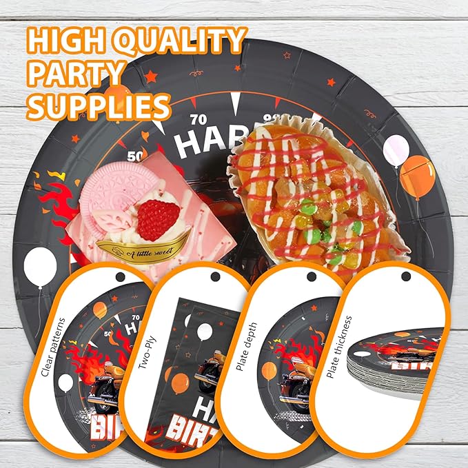 96Pcs Motorcycle Birthday Party Decorations Dirt Bike Birthday Paper Plates and Napkins Sets Black and Orange Dirt Bike Motorbike Decorations for Boys Motorcycle Theme Bday Party Supplies Serves 24