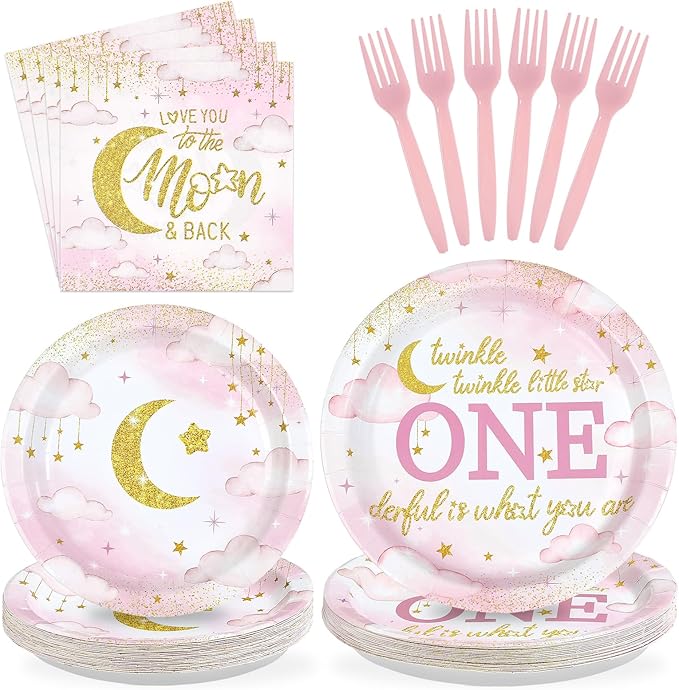 96Pcs Over the Moon Baby Shower Decorations Twinkle Twinkle Little Star 1st Birthday Party Plates Pink Gold Moon Themed Tableware for Girls Baby Shower One Year Old Birthday Supplies