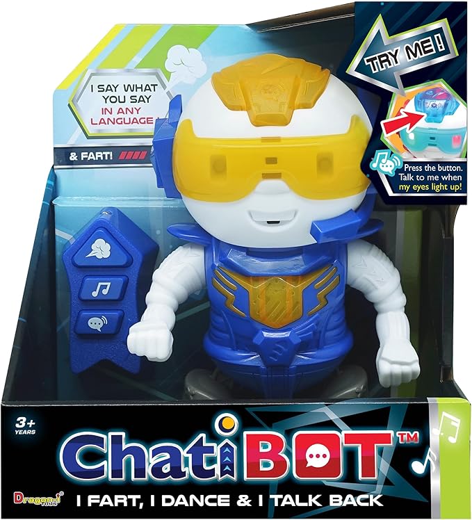 Dragon-i: ChatiBot - Blue - The Farting Talk-Back Dancing Robot, Infa-Red Remote Control, Music-Sounds, LED Color Changing, Character Figure, Kids 3+