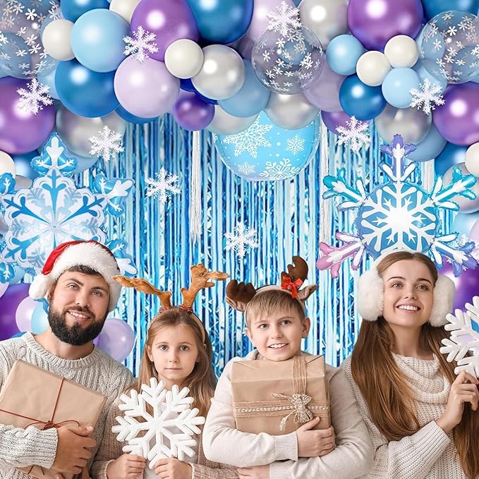 167Pcs Frozenn Balloons Arch Garland Kit, Froozen Birthday Party Decorations Supplies Fringe Curtain Blue Purple Snowflake Balloon for Winter Wonderland Princess Girl Decor
