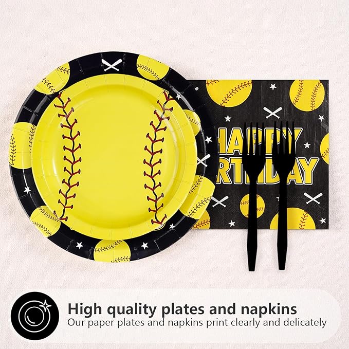 96Pcs Softball 10th Birthday Party Supplies Sport Themed 10th Birthday Plates and Napkins Yellow Black Softball Disposable Paper Tableware Set for Kids 10 Year Old Party Supplies Serves 24