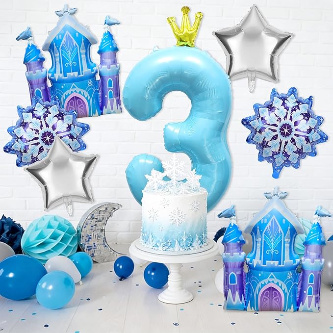 7Pcs 3rd Birthday Party Decorations Balloons,Winter Snowflake Balloons Large Blue 40 Inch Number 3 Balloon Foil Star Castle Ballon for Birthday Party Favor Decor Supplies Winter Wonderland Decoration