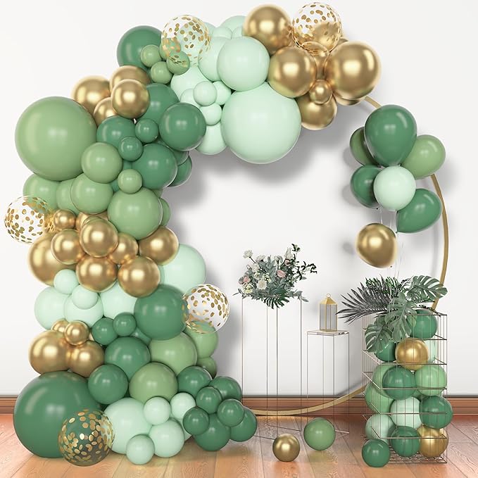 Amandir 148pcs Sage Green Balloon Garland Arch Kit, Different Sizes 18 12 10 5 inch Sage Green Gold Latex Metallic Confetti Gold Balloons St. Patrick's First Communion Safari Baptism Decorations
