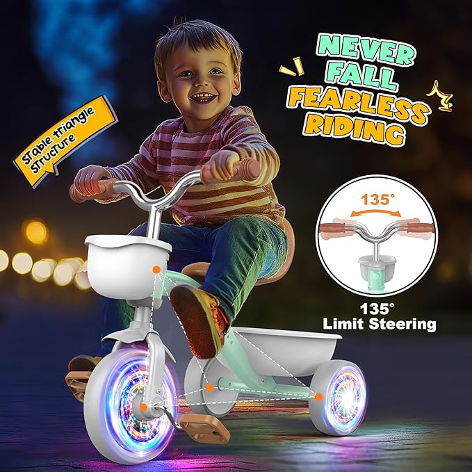 Toddler Tricycle for 1-3 3-5 Year Olds, 2 3 4 5 Year Old Girl Boy Birthday Gifts, Toddler Baby Bike, 4-Level Adjustable Seat, 3 Color Light Wheels, 2 Baskets, Outdoor Riding Toys for Ages 2-4