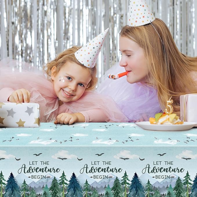 3 Pieces Adventure Awaits Tablecloths Let The Adventure Begin Tablecover Tree Mountains Woodland Table Covers Plastic Disposable Rectangle Tablecloth for Baby Shower Birthday Party Decor Supplies