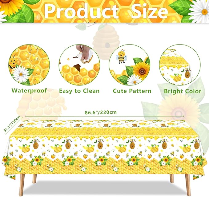 4 Pack Bee Tablecloth Happy Bee Day Tablecloths Rectangle Honey Bees Bumble Table Cover Bee Theme Party Tablecloth for Bee Baby Shower Bee Birthday Party Decorations 51 x 86 Inch