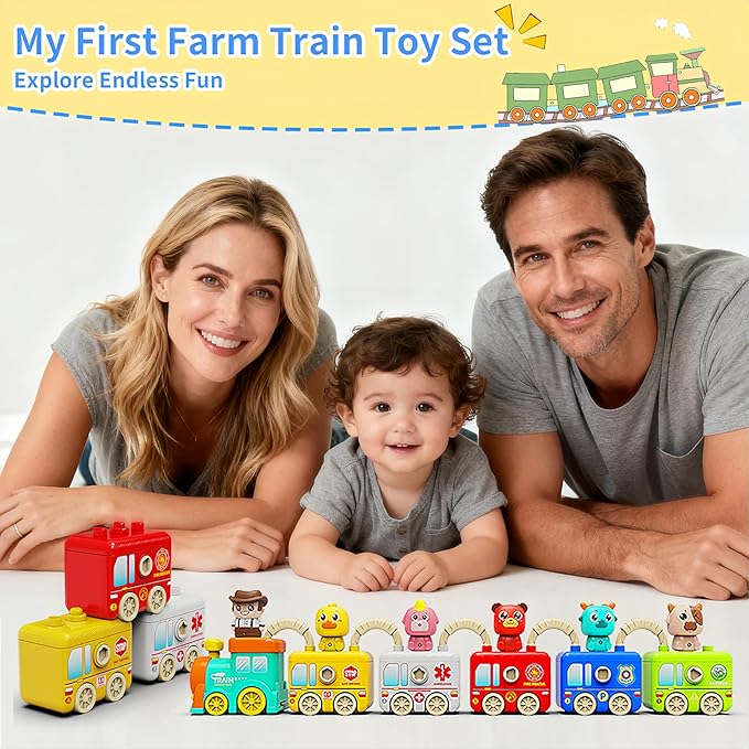 Montessori Train Toys for 2 3 4 Year Olds - Toddler Learning Train Set with Lights & Sounds, 6 Vehicle Transport, Lock & Key Activity, Farm Animal Finger Puppets, Easter Birthday Gift for Boys Girls