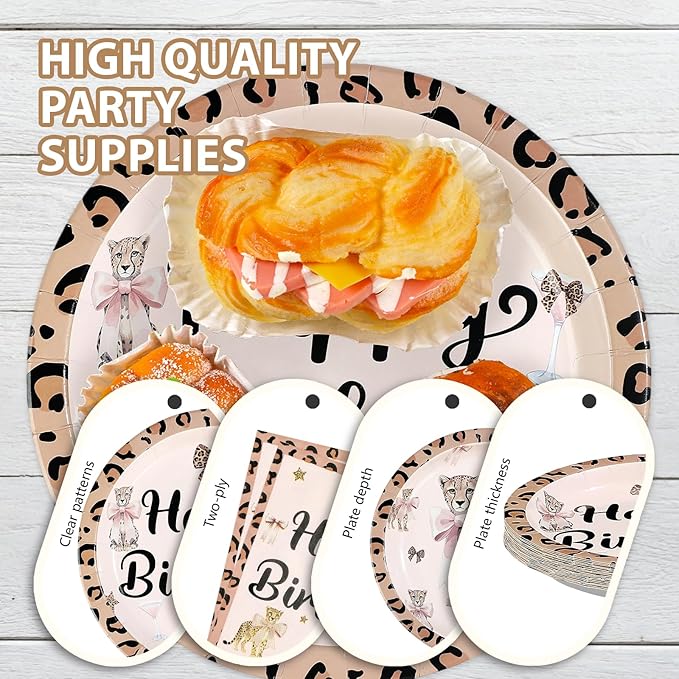96 Pcs Cheetah Bow Birthday Decorations Leopard Print Plates and Napkins Disposable Pink Bow Cheetah Tableware Set for Girls Women Jungle Safari Animal Birthday Party Supplies Serves 24