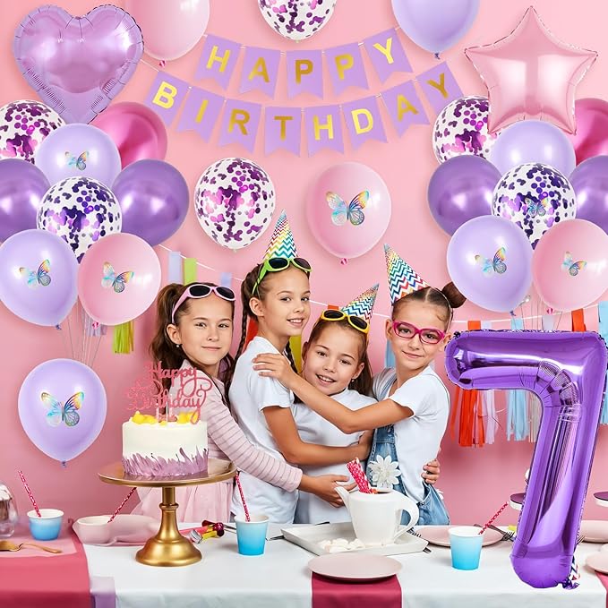 7th Pink Purple Birthday Decorations,Pink Purple 7th Birthday Balloons for Girls Lavender Party Decor Banner Number 7 Balloons Cake Topper Butterfly Party Decorations for 7 Year Old Girls