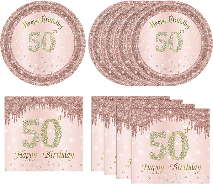 40pcs 50th Birthday Decorations for Women Rose Gold Fifty Year Old Party Supplies Include 50th Birthday Plates and Napkins Set 1976 50 Years Old Disposable Tableware Party Supplies for Girl Ladies