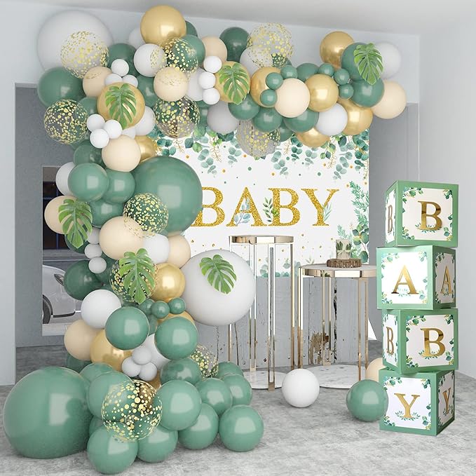Sage Green Baby Shower Decorations 125PCS Green Balloon Arch Kit, Balloon Boxes, Backdrop for Woodland Jungle Theme Baby Shower Decor Gender Reveal Birthday Party Supplies