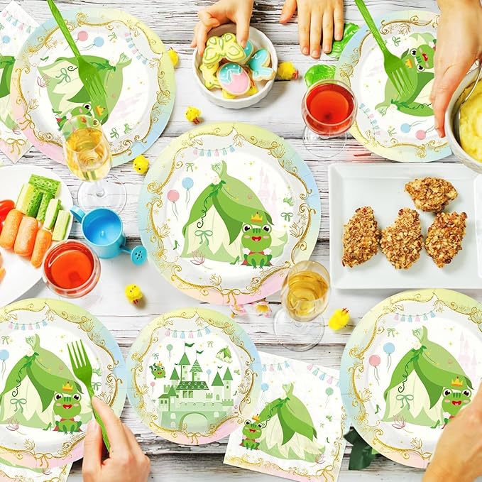 96Pcs Princess Frog Party Supplies Green Frog Plates and Napkins Green Princess Dress Tableware Set for Girls' Fairytale Baby Shower Magical Party Decorations Serves 24