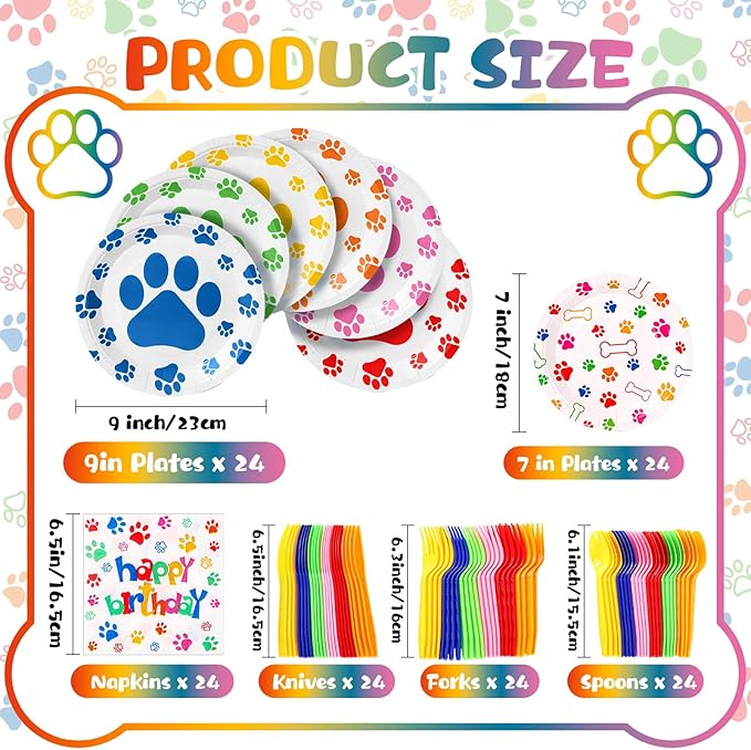 Gejoy 96pcs Dog Birthday Party Decorations Set Include Dog Print Plates Knives Forks Spoons Napkins Puppy Paw Tableware for Puppy Theme Party Supplies Kit(Bright Color)