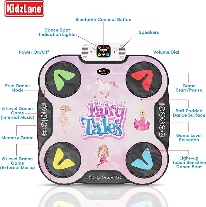 Kidzlane Light Up DJ Dance Mat for Kids - Bluetooth & AUX Compatible - 3 Fun Arcade Games with 5 Difficulty Levels - Detachable Top Mats with Fairytale & Speaker Motives - Adjustable Volume - Ages 6+