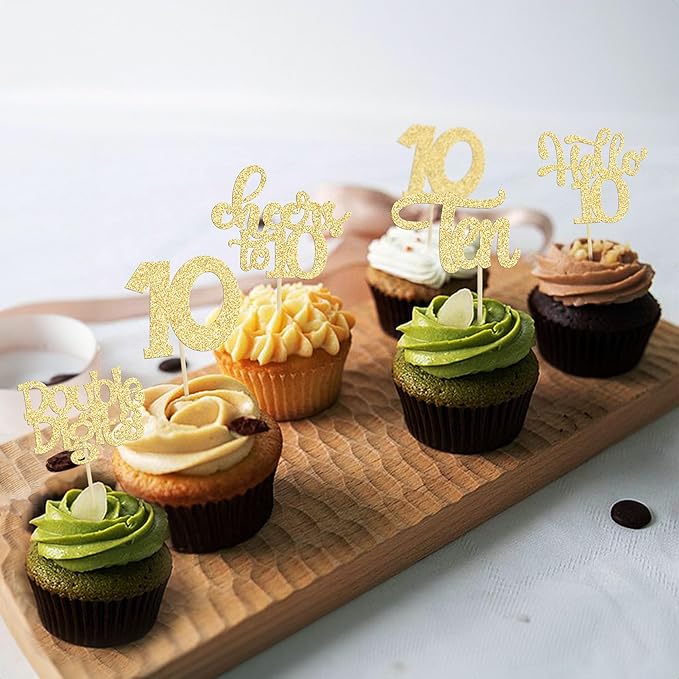 30Pcs 10th Birthday Cupcake Toppers Ten Double Hello 10 Cupcake Picks Cheers to 10 Years Old Cake Decorations for 10th Birthday Party Supplies Gold Glitter