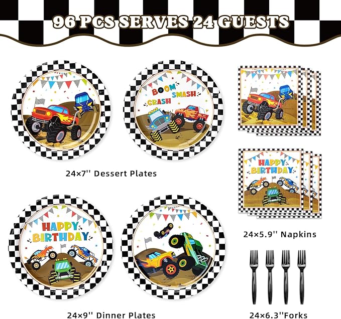 96 Pcs Truck Plates and Napkins Tableware Set (Serves 24), Party Supplies Include Plates Napkins and Forks for Truck Birthday Decorations