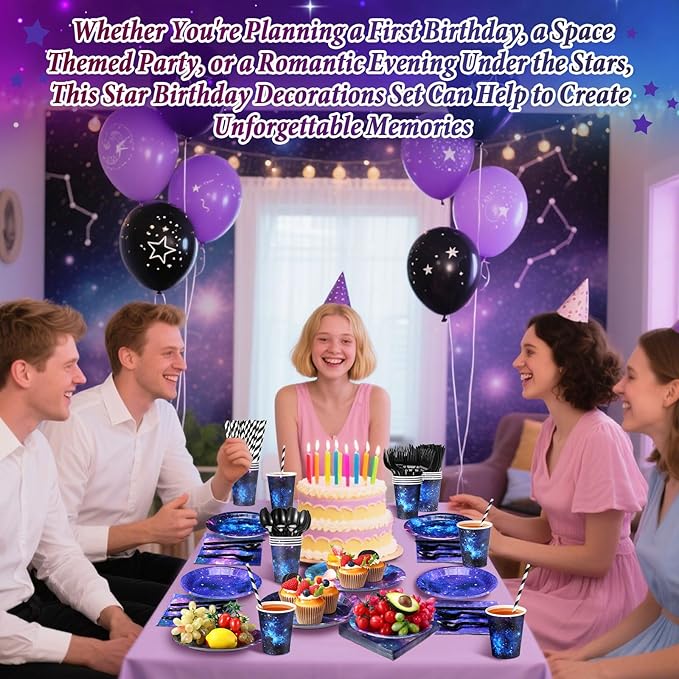 450 Pcs Space Galaxy Tableware Set Decorations, Starry Sky Paper Plates Napkins Cups Cutlery Straws for Outer Space Theme Birthday Baby Shower Party Supplies, Serves 50