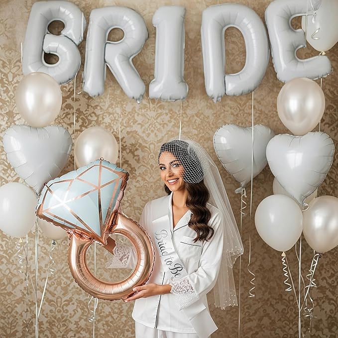 White Bridal Shower party decorations with pearl balloons Bridal Veil BRIDE Balloons Sash with Diamond Ring Heart Balloons Bridal Veil for Bachelorette Party Decor Bride To Be suppiles