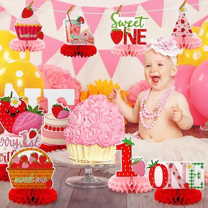 10 PCS Berry First Birthday Decor, Strawberry Theme 1st Birthday Table Centerpiece Strawberry Decorations for Baby Girls Berry Sweet for Party Table Topper Decor