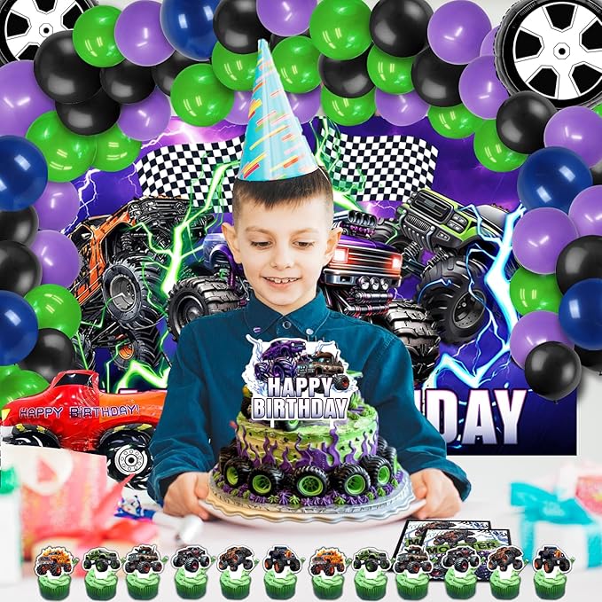 150Pcs Monster Truck Birthday Decorations，Monster Truck Party decorations，Monster Truck Birthday Party Supplies，Include Balloon arch,Backdrop, Cake Toppers，Tableware, Tablecloth