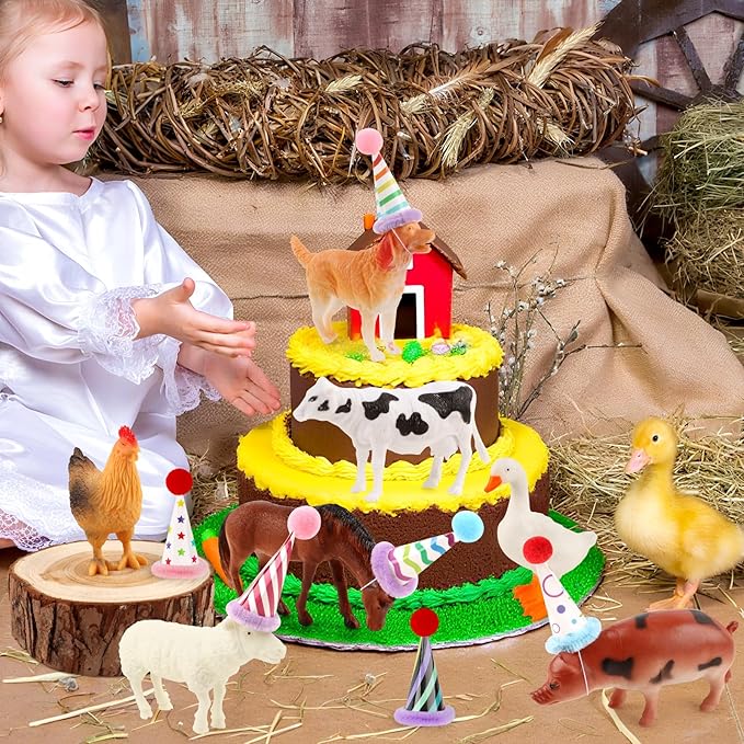 Hooqict 20Pcs Farm Animal Cake Toppers Animals Figures with Mini Party Hats Birthday Cake Decorations for Farm Birthday Party Decorations Favors Supplies