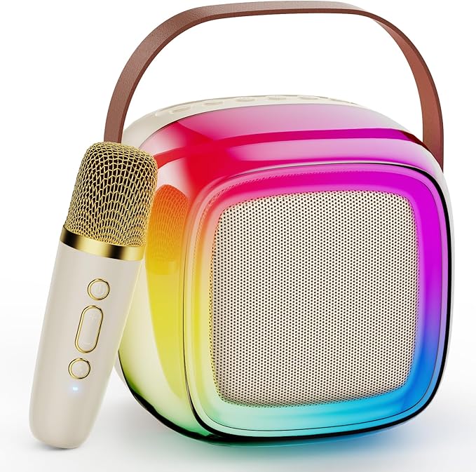 JYX Mini Karaoke Machine for Kids Adults, Portable Bluetooth Speaker with 2 Microphones, Support TF/AUX Input/4 Funny Magic Voice (Rainbow-1 Mic)