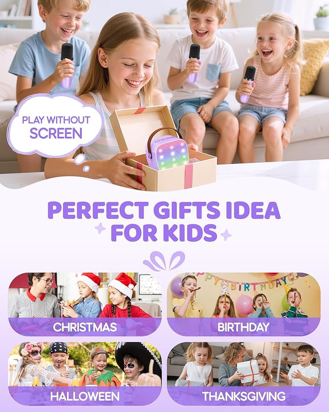 Upgraded Mini Karaoke Machine with 3 Wireless Microphones Toy for Kids, Birthday Gifts for Girls Boys, Portable MP3 Player for Ages 3, 4, 5, 6, 7, 8, 9, 10, 11, 12+ Year Old Family Party (Purple)