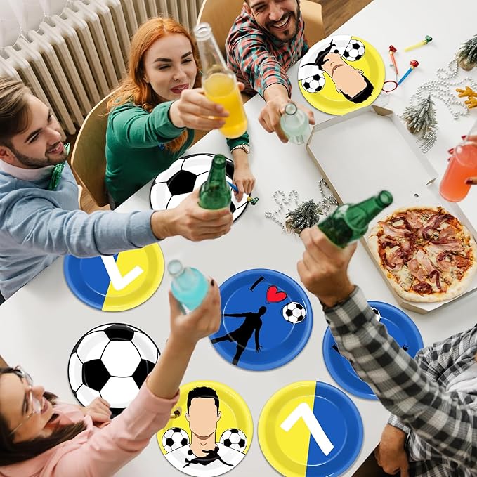 48Pcs Soccer Paper Plates Set Soccer Star Disposable Dessert Plates Supplies 7Inch Blue and Yellow Sports Ball Plate Sport Party Dinnerware Decorations for Birthday Baby Shower Party Decorations
