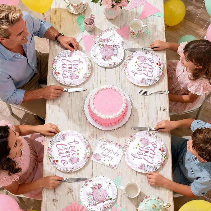 96Pcs Tea for Two Party Supplies Tea 2nd Year Old Girl Birthday Plates and Napkins Pink Floral Teapot Theme Tableware Set for Girls Tea-themed Baby Shower Birthday Party Supplies，Serves 24